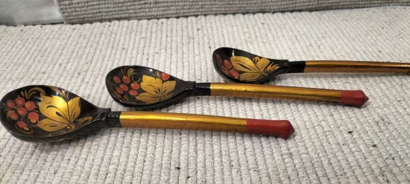 Set of 3 Circa 1970 Stunning Vintage Russian Khokhloma Lacquered Wooden Spoons