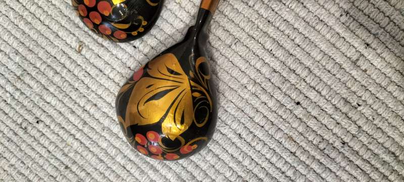 Set of 3 Circa 1970 Stunning Vintage Russian Khokhloma Lacquered Wooden Spoons