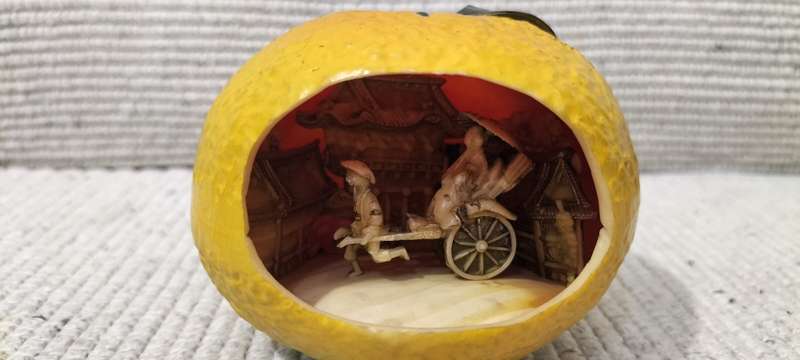 Almost 100 years old Circa 1930 Japanese Intricately Carved Celluloid Rikshaw Scene in Lemon