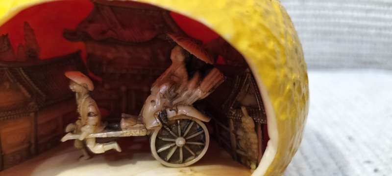 Almost 100 years old Circa 1930 Japanese Intricately Carved Celluloid Rikshaw Scene in Lemon