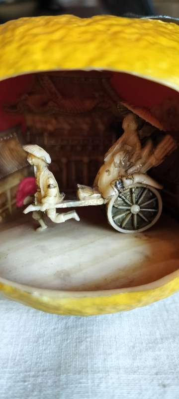 Almost 100 years old Circa 1930 Japanese Intricately Carved Celluloid Rikshaw Scene in Lemon