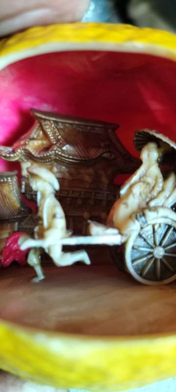Almost 100 years old Circa 1930 Japanese Intricately Carved Celluloid Rikshaw Scene in Lemon
