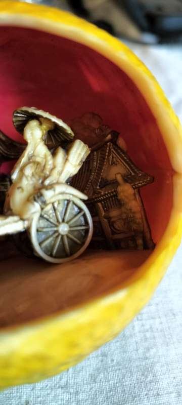 Almost 100 years old Circa 1930 Japanese Intricately Carved Celluloid Rikshaw Scene in Lemon