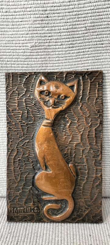A Magnificent S Martin Hammered Copper Cat Plaque