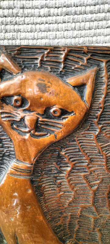 A Magnificent S Martin Hammered Copper Cat Plaque