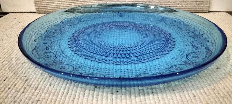 Magnificent Rare Firna Fleur De Lis Floral Rim Blue Glass Serving Platter