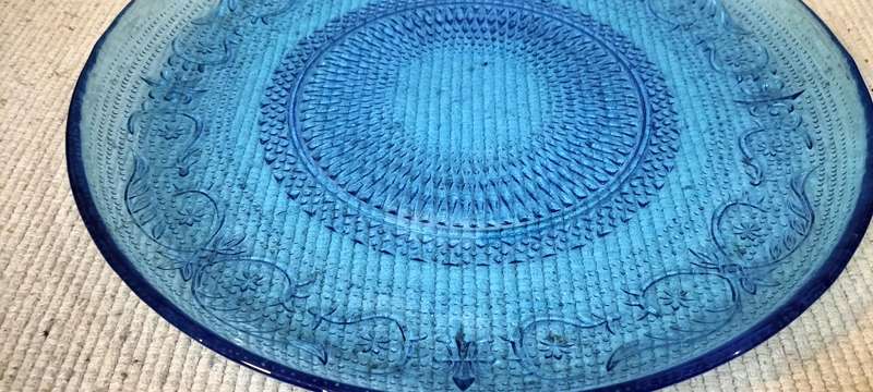 Magnificent Rare Firna Fleur De Lis Floral Rim Blue Glass Serving Platter