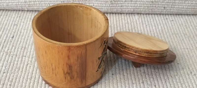 Beautiful Hand Painted Bamboo and Wood Lidded Trinket Holder.
