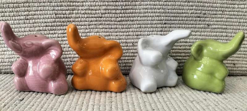 A Beautiful Set of 4 Glazed Ceramic Elephant Salt Shakers with Stoppers