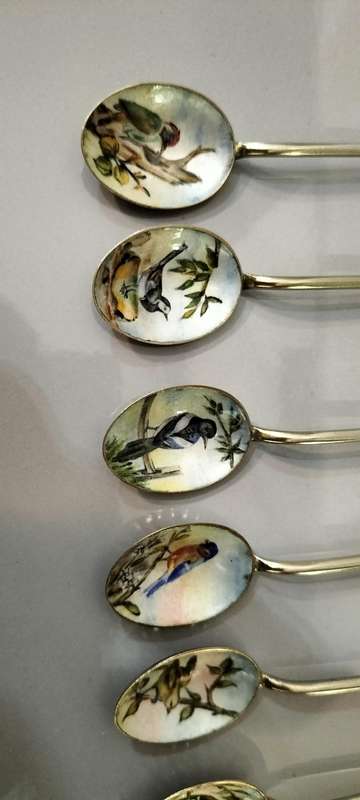 A Magnificent set of 6 Delicate Cloisonne Hand Painted Brass Tea Spoons