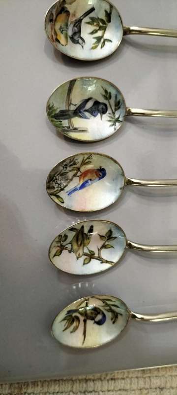 A Magnificent set of 6 Delicate Cloisonne Hand Painted Brass Tea Spoons