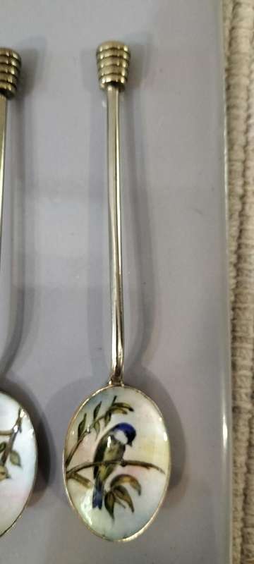 A Magnificent set of 6 Delicate Cloisonne Hand Painted Brass Tea Spoons