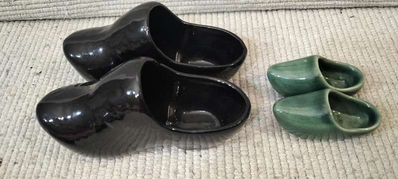 A Unique Vintage Set Of Two Pairs of Dutch Shoes, One Black and One Green