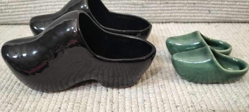 A Unique Vintage Set Of Two Pairs of Dutch Shoes, One Black and One Green