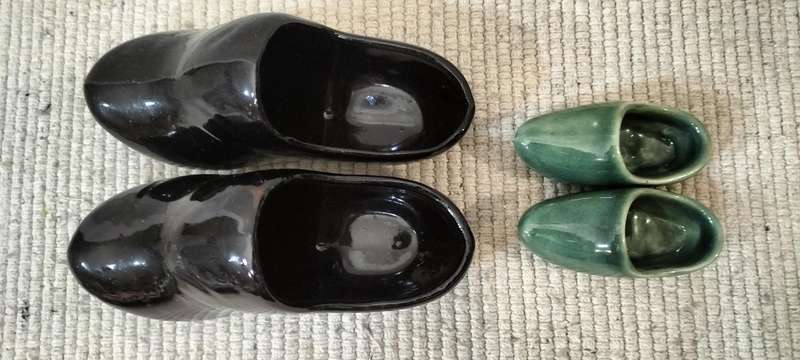 A Unique Vintage Set Of Two Pairs of Dutch Shoes, One Black and One Green
