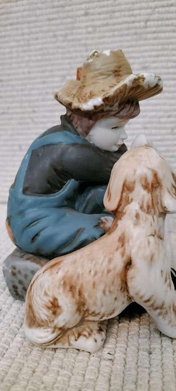 Beautiful Vintage Enesco Matte Ceramic Boy with Dog Figurine