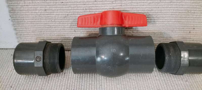 Large 2" (50mm) Ball Vale with two PVC Male Adapters.