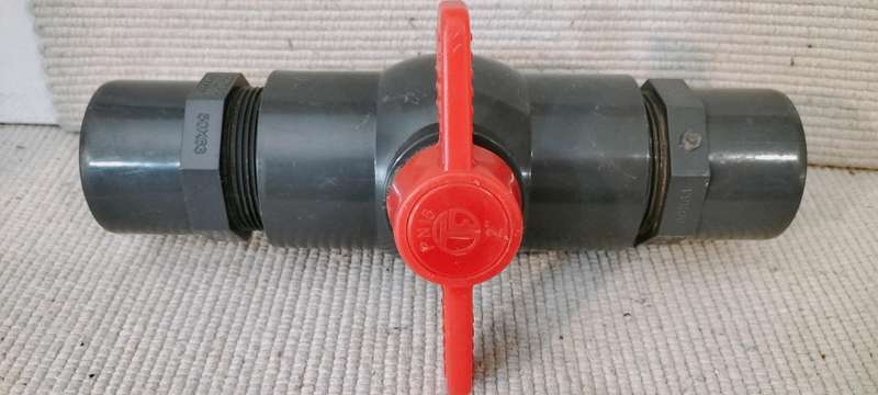 Large 2" (50mm) Ball Vale with two PVC Male Adapters.