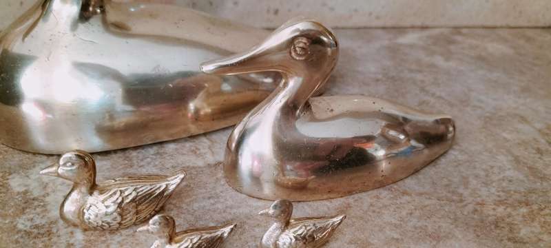 A Magnificent Family of 5 Solid Brass Ducks 600g