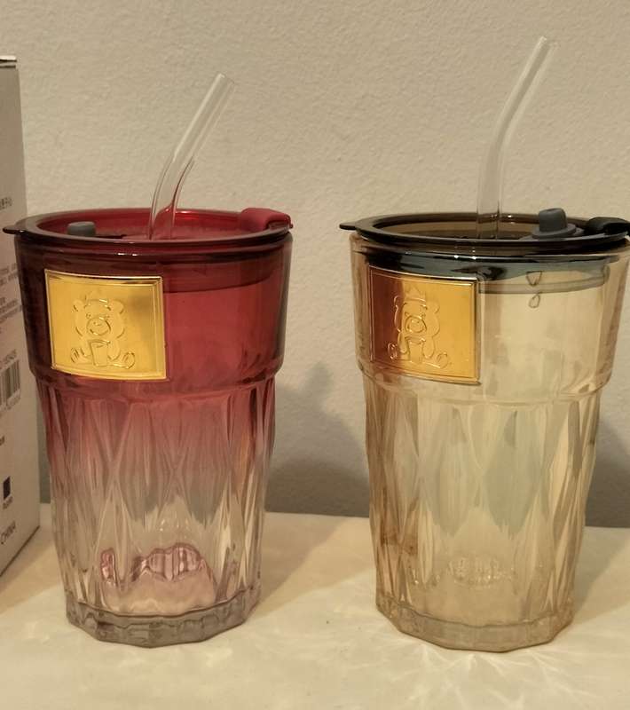 Set of 2 420 ML Glass Cups with Glass Straws and Lid