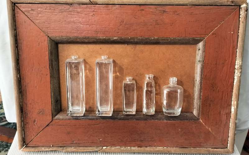 Stunning Unique Framed Perfume Bottles in Old Frame. (nr4)
