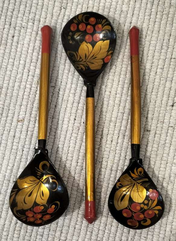 Set of 3 Circa 1970 Stunning Vintage Russian Khokhloma Lacquered Wooden Spoons