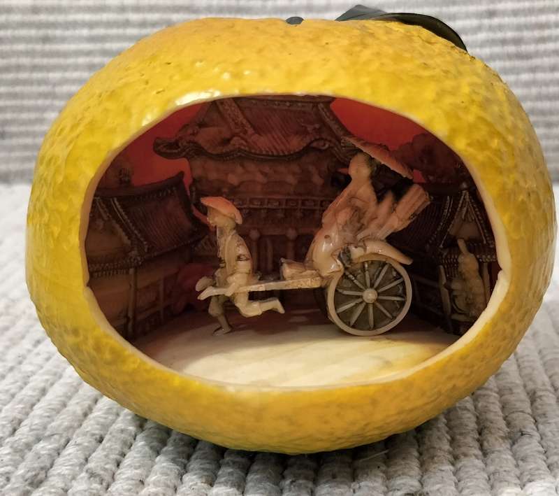 Almost 100 years old Circa 1930 Japanese Intricately Carved Celluloid Rikshaw Scene in Lemon