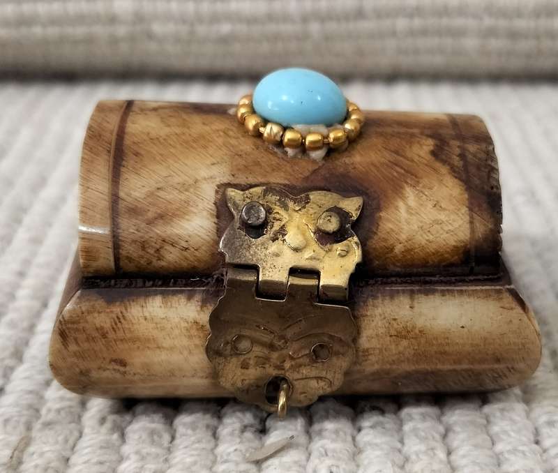 Magnificent Vintage Bone Carved with Brass Pill Box