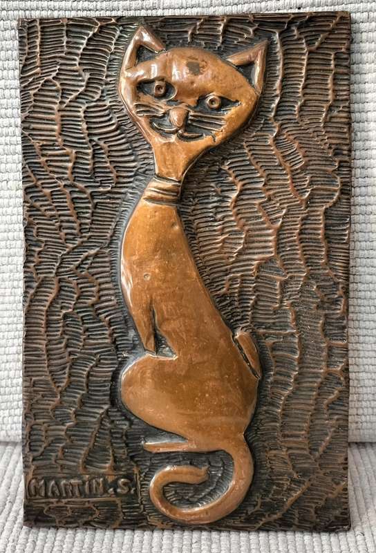 A Magnificent S Martin Hammered Copper Cat Plaque