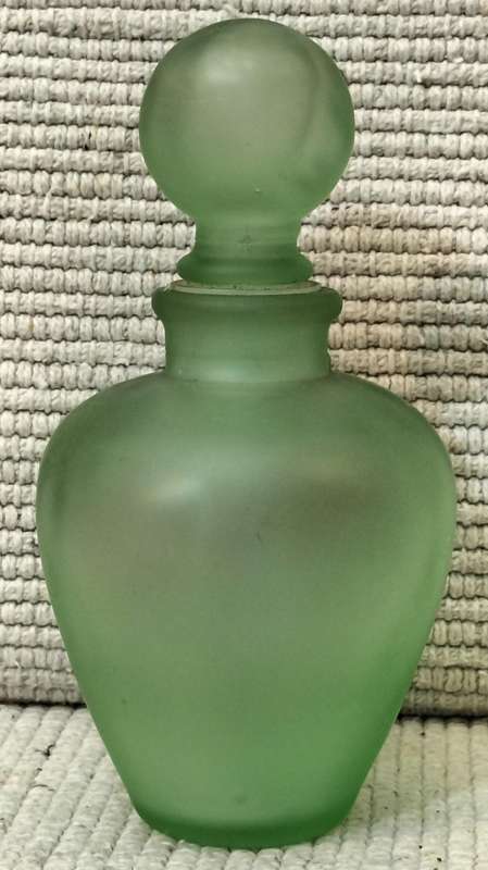 A Beautiful Frosted Green Glass Bath Oil/Salts Bottle With Stopper Intact