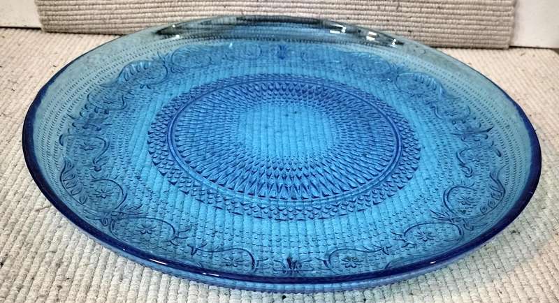 Magnificent Rare Firna Fleur De Lis Floral Rim Blue Glass Serving Platter