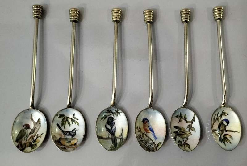 A Magnificent set of 6 Delicate Cloisonne Hand Painted Brass Tea Spoons