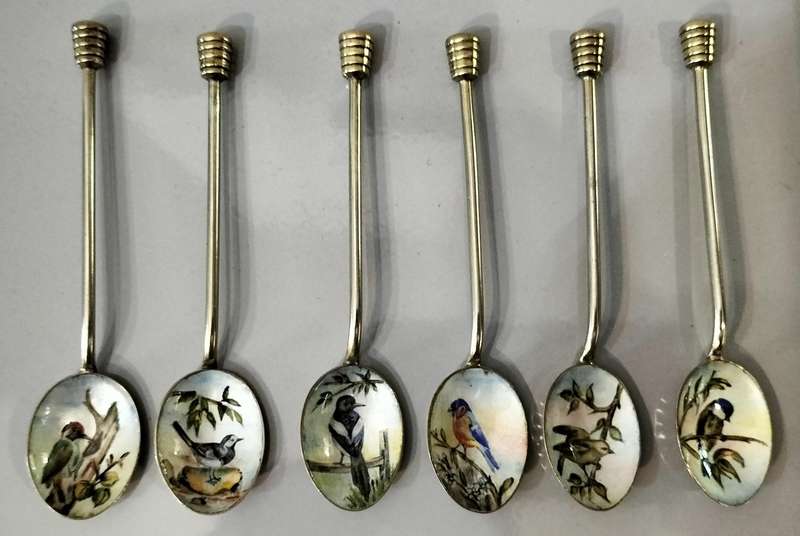 A Magnificent set of 6 Delicate Cloisonne Hand Painted Brass Tea Spoons