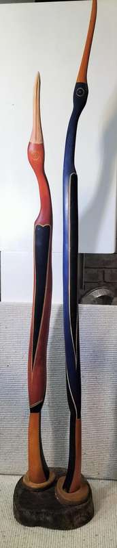 A Magnificent Tall 1.1 meter Pair of Carved Wooden Birds On A Wooden Base