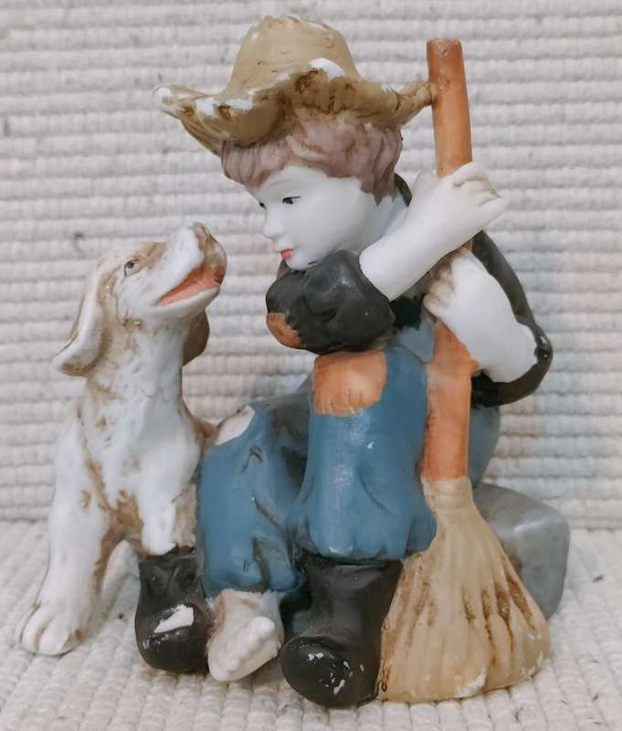 Beautiful Vintage Enesco Matte Ceramic Boy with Dog Figurine