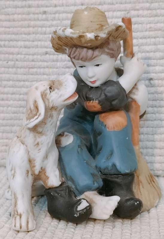 Beautiful Vintage Enesco Matte Ceramic Boy with Dog Figurine