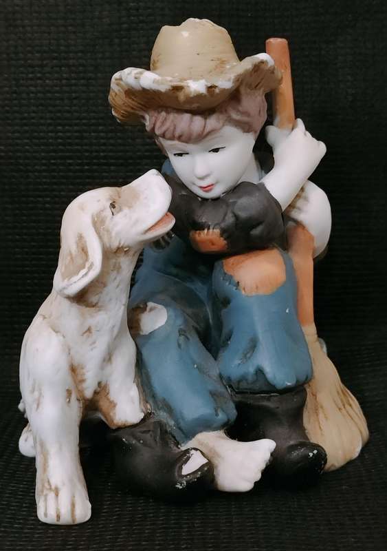 Beautiful Vintage Enesco Matte Ceramic Boy with Dog Figurine