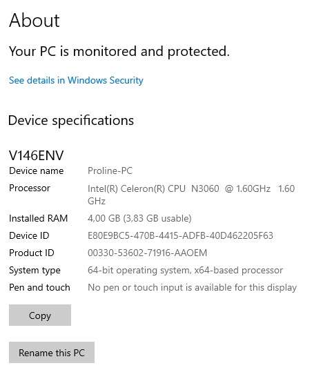 Proline-PC Intel Celeron CPU v146env 12.5 inch N3060  @ 1.60GHz  1.60 GHz 4,00 RAM 64-bit Windows 10