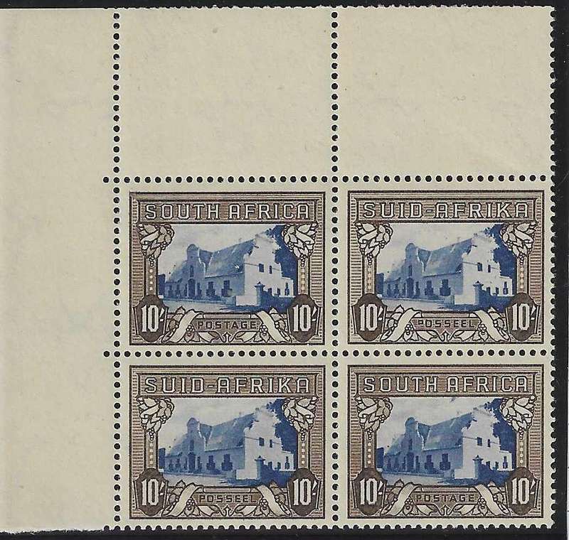Union 1939 10/- top left block superb MNH. CV R 4,000. SACC 63/SG 64c. See below.