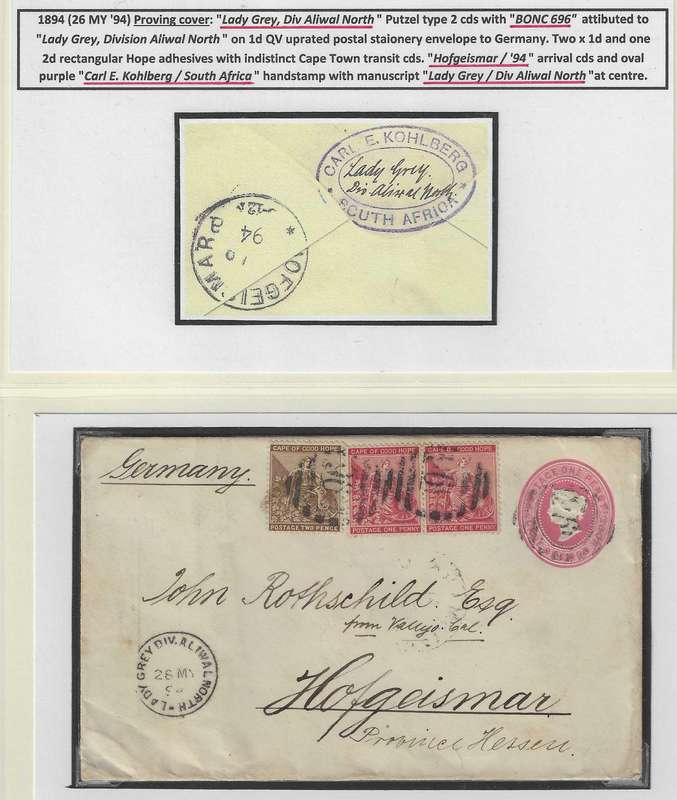 Cape 1894 PROVING "LADY GREY, DIV. ALIWAL NORTH" cds. / BONC 696. Superb, scarce postal stationary.