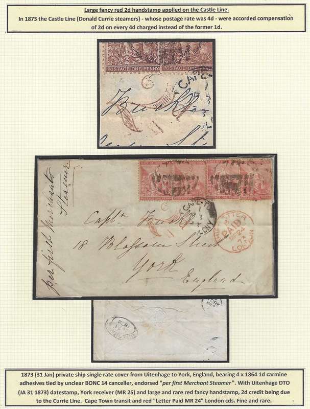 Cape 1873 (31 Jan) cover Uitenhage/Cape Town/London/York with fancy "2d" h/stamp & BONC. See below.