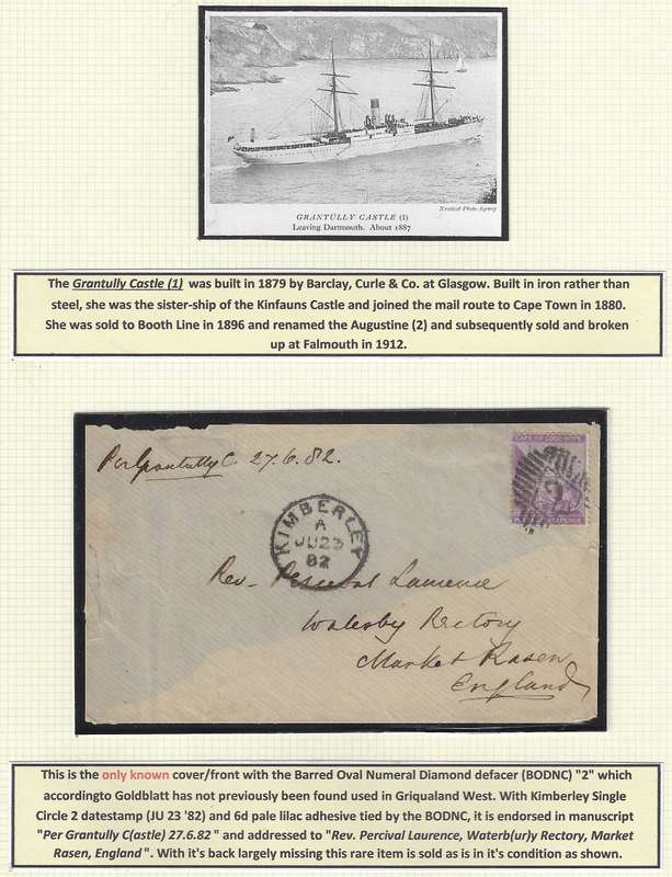 Griqualand West/Cape 1882 rare Barred Oval Diamond canceller "2"/ Kimberley cds. See below.