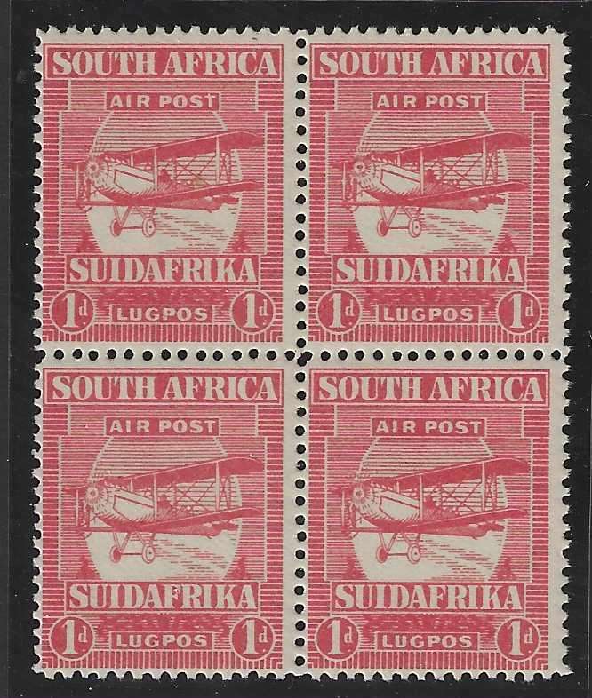 Union 1925 Airmail block of 4 MNH. SACC 25. See below.