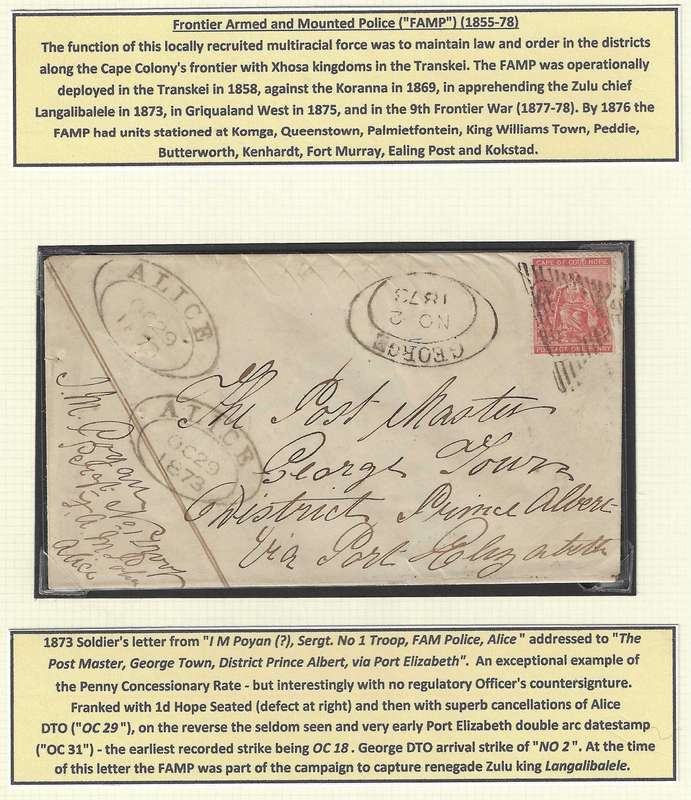 Cape: Rare and historic 1873 Soldier's letter (FAMP) Alice/Port Elizabeth/"George Town". See below.