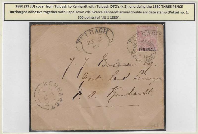 Cape 1880 (23 JU) 1880 "THREE PENCE" black surcharge on scarce Tulbagh/Kenhardt cover. See below.