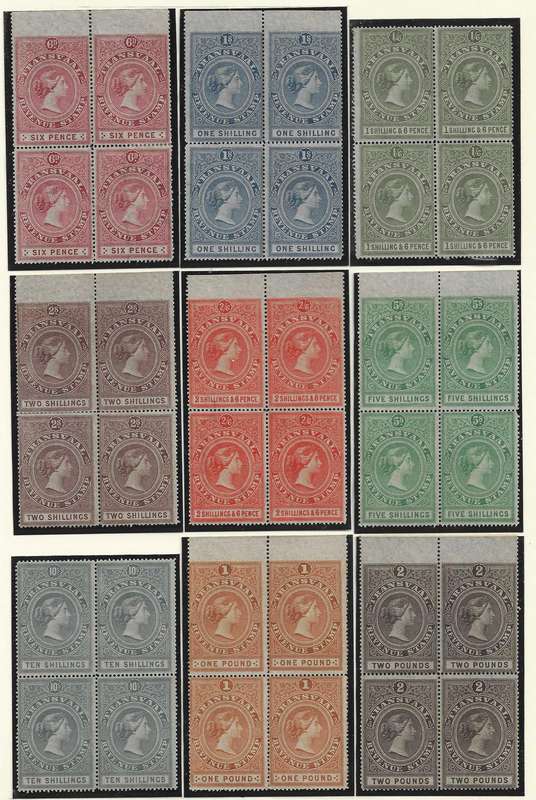 Transvaal 1878 complete original 9 values ex Bradbury Wilkinson Archives in superb unused blocks.