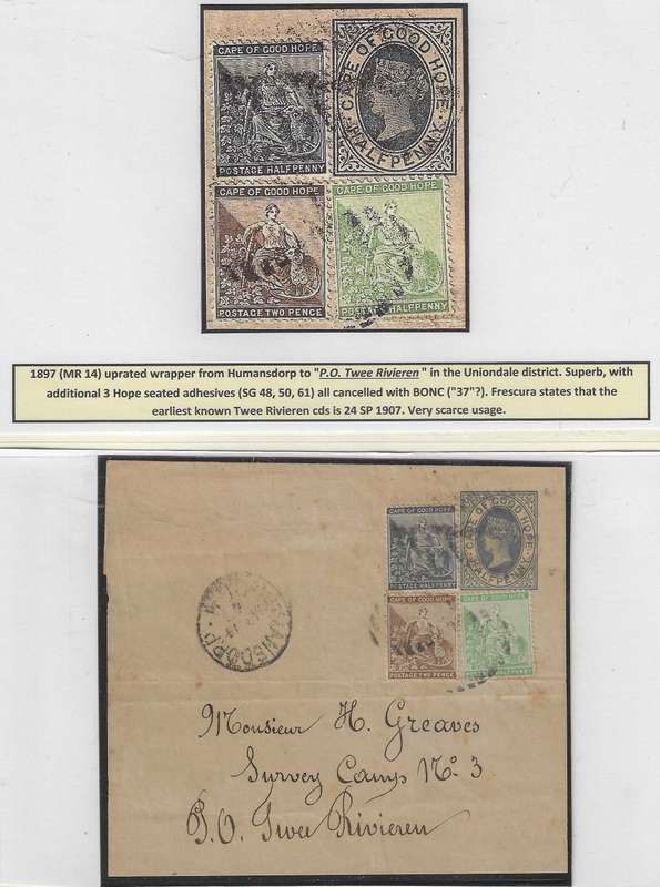 Cape 1897 (MR 14) scarce uprated wrapper Humansdorp/TWEE RIVIEREN with BONC.  See below.