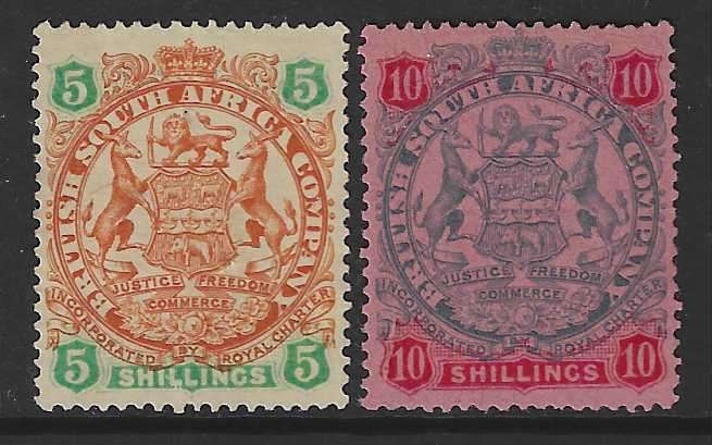 Rhodesia (BSAC) 1896 5s and 10S unused. SACC 46/7. CV  R 8,300 for MM. Small thins. See below.