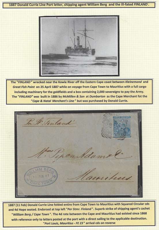Cape 1887 Scarce shipping agent's entire Cape Town/Mauritius per "FINLAND". Very scarce. See below.