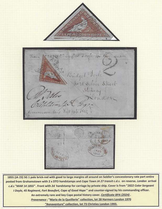 Cape 1855 SG 1 Rarity: Soldier's letter ex Maria de la Queillerie, Bonaventure. BPA cert. See below.
